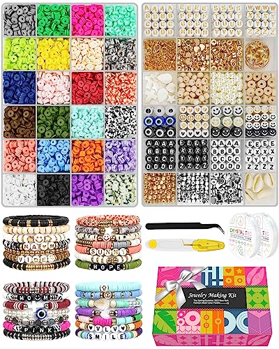 Velavior 7500 Pcs Clay Beads Bracelet Making Kit, 2 Boxes 24 Colors Polymer  Heishi Beads for Jewerly Making, Alphabet Letter Spacer Smile Face Evil  Eyes Beads, Craft Gift for Kids Teens Adults
